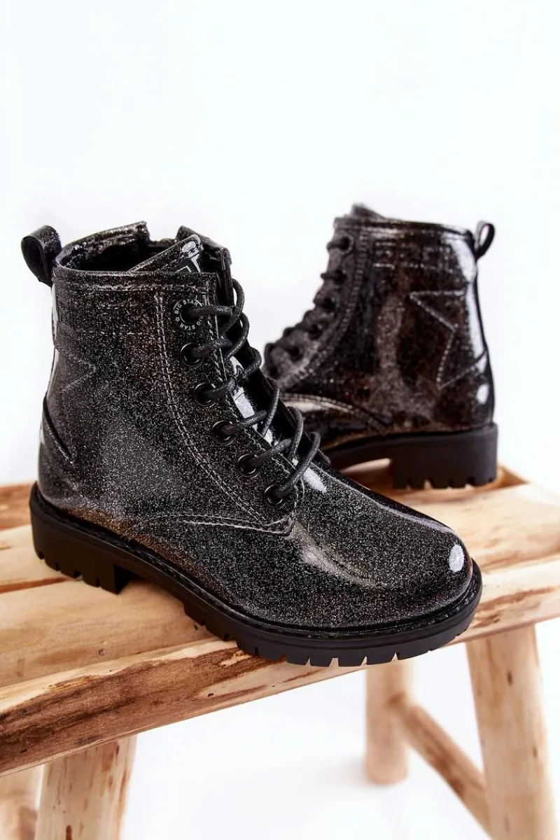 Best Big Star Shoes Dziecięce Lakierowane Ocieplane Botki Big Star II374047 Czarno-Srebrne