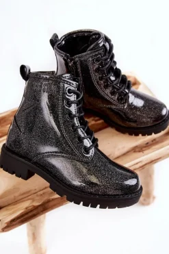 Best Big Star Shoes Dziecięce Lakierowane Ocieplane Botki Big Star II374047 Czarno-Srebrne