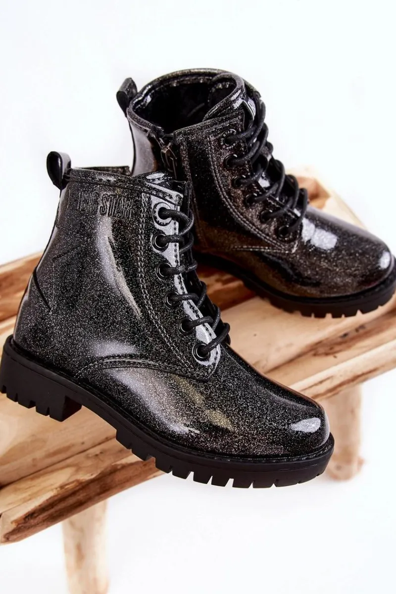 Best Big Star Shoes Dziecięce Lakierowane Ocieplane Botki Big Star II374047 Czarno-Srebrne