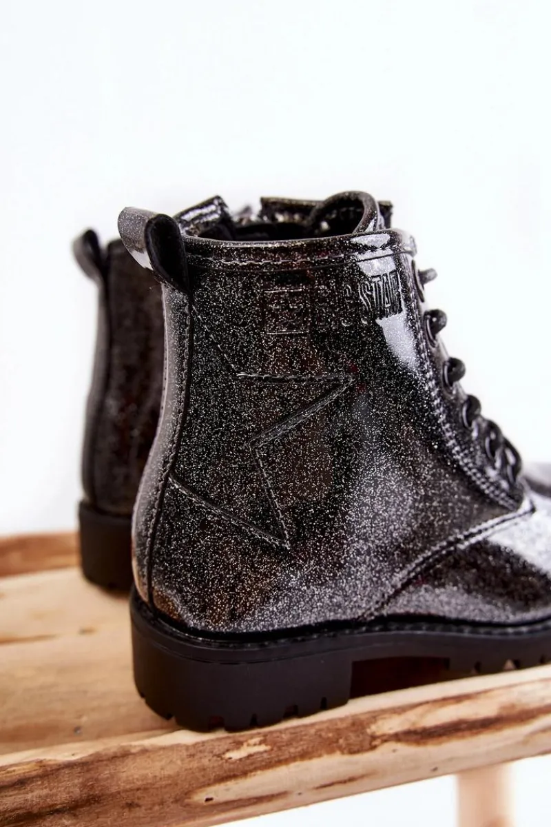 Best Big Star Shoes Dziecięce Lakierowane Ocieplane Botki Big Star II374047 Czarno-Srebrne