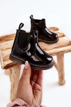 Discount Dziecięce Lakierowane Ocieplane Botki Czarne Porky Dzieci Dziewczęce