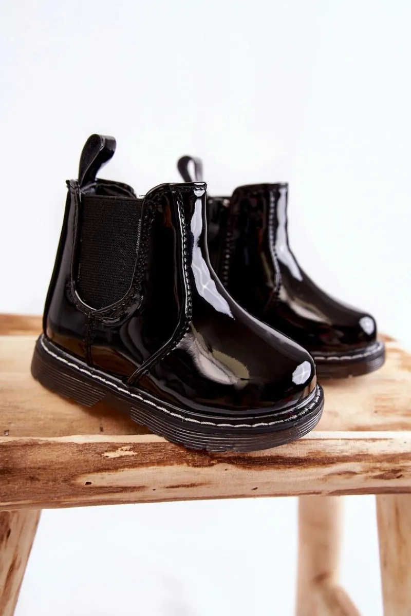 Discount Dziecięce Lakierowane Ocieplane Botki Czarne Porky Dzieci Dziewczęce