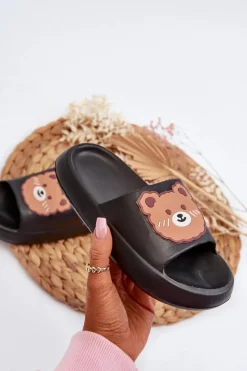 Clearance Dziecięce Lekkie Klapki Z Misiem Czarne Lindeheta Dzieci Chłopięce|Dziewczęce