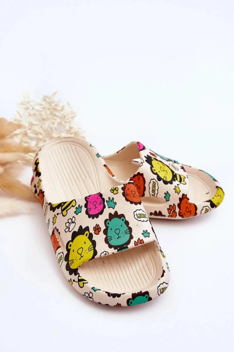 New Dziecięce Lekkie Piankowe Klapki Motyw Lwa Beżowe Esther Dzieci Chłopięce|Dziewczęce