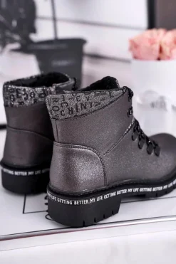 Best Evento Dziecięce młodzieżowe botki z kożuszkiem szare Snowflake