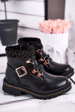 Clearance Evento Dziecięce młodzieżowe botki z kożuszkiem czarne Rhythm