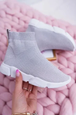 Clearance Boto Dziecięce Młodzieżowe Obuwie Sportowe Brokatowe Srebrne Deva