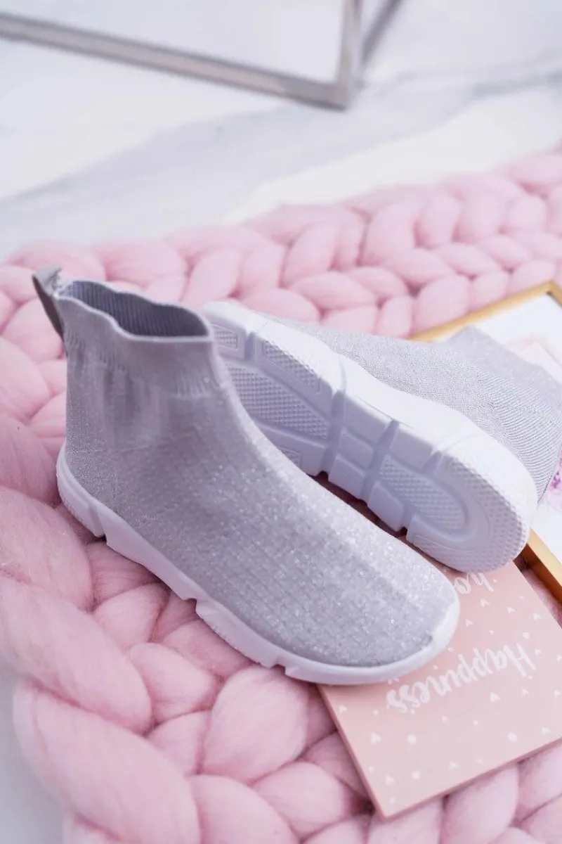 Clearance Boto Dziecięce Młodzieżowe Obuwie Sportowe Brokatowe Srebrne Deva