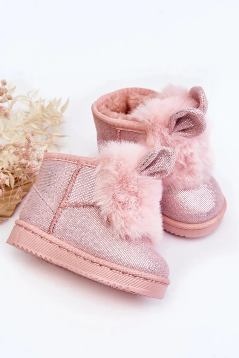 Dziewczęce>Boto Dziecięce Śniegowce Ocieplane Futerkiem Z Uszkami Jasnoróżowe Betty