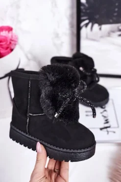 Hot Boto Dziecięce Śniegowce Ocieplane Futerkiem Zamszowe Czarne Amelia