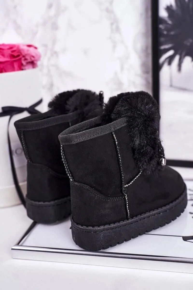 Hot Boto Dziecięce Śniegowce Ocieplane Futerkiem Zamszowe Czarne Amelia