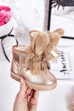 Hot Boto Dziecięce Śniegowce Ocieplane Futerkiem Z Uszami Różowe Złoto Bunny