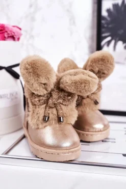 Hot Boto Dziecięce Śniegowce Ocieplane Futerkiem Z Uszami Różowe Złoto Bunny