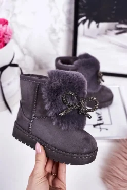 Clearance Dziecięce Śniegowce Ocieplane Futerkiem Zamszowe Szare Amelia Dzieci Dziewczęce