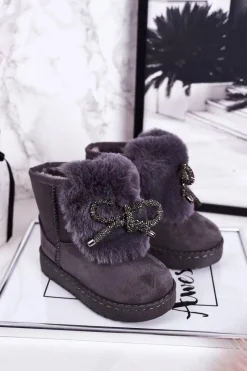 Clearance Dziecięce Śniegowce Ocieplane Futerkiem Zamszowe Szare Amelia Dzieci Dziewczęce