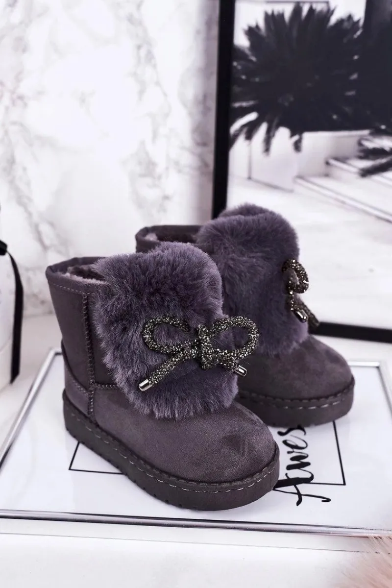 Clearance Dziecięce Śniegowce Ocieplane Futerkiem Zamszowe Szare Amelia Dzieci Dziewczęce