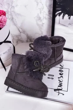 Clearance Dziecięce Śniegowce Ocieplane Futerkiem Zamszowe Szare Amelia Dzieci Dziewczęce