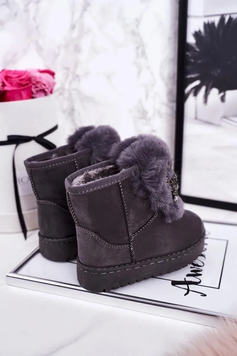 Clearance Dziecięce Śniegowce Ocieplane Futerkiem Zamszowe Szare Amelia Dzieci Dziewczęce