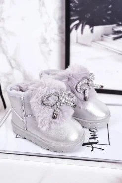 Dziewczęce>Boto Dziecięce Śniegowce Ocieplane Futerkiem Srebrne Aurora Srebrny