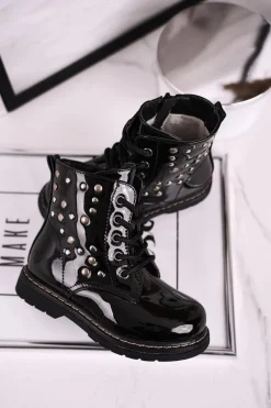 Clearance Boto Dziecięce Ocieplane Botki z Dżetami Lakierowane Czarne Fame