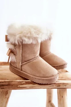 Dziewczęce|Dziewczęce>Boto Dziecięce Ocieplane Botki Z Kokardkami Śniegowce Jasnobeżowe Funky Beżowy
