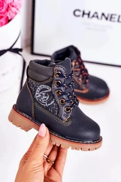 Chłopięce>Boto Dziecięce Ocieplane Botki Traperki Na Gumowej Podeszwie Granatowe Bobby