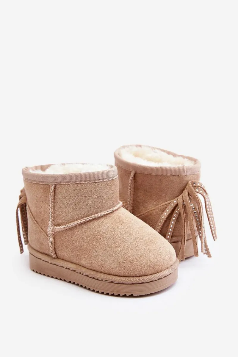 Outlet Dziecięce Ocieplane Botki Śniegowce Z Frędzlami Beżowe Mikyla Dzieci Dziewczęce|Dziewczęce