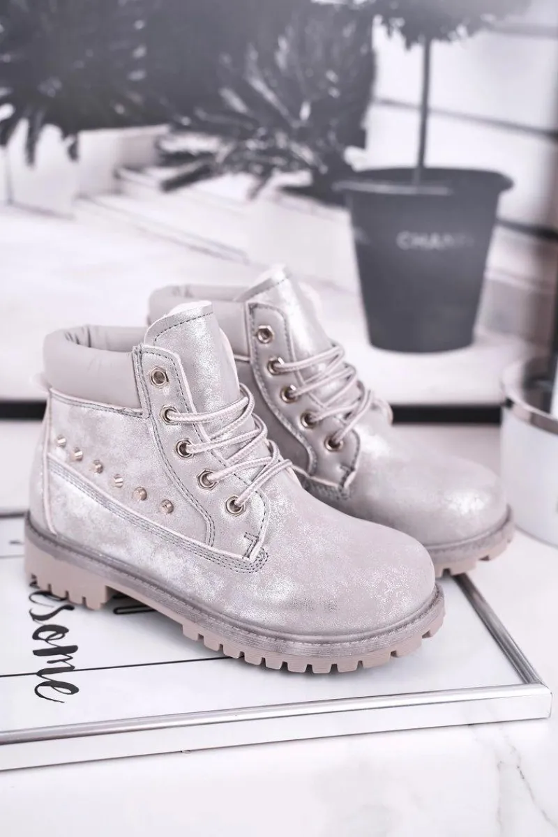 Dziewczęce>Boto Dziecięce Ocieplane Botki z Ćwiekami Srebrne Gonzo