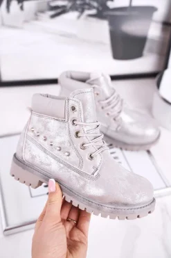 Dziewczęce>Boto Dziecięce Ocieplane Botki z Ćwiekami Srebrne Gonzo