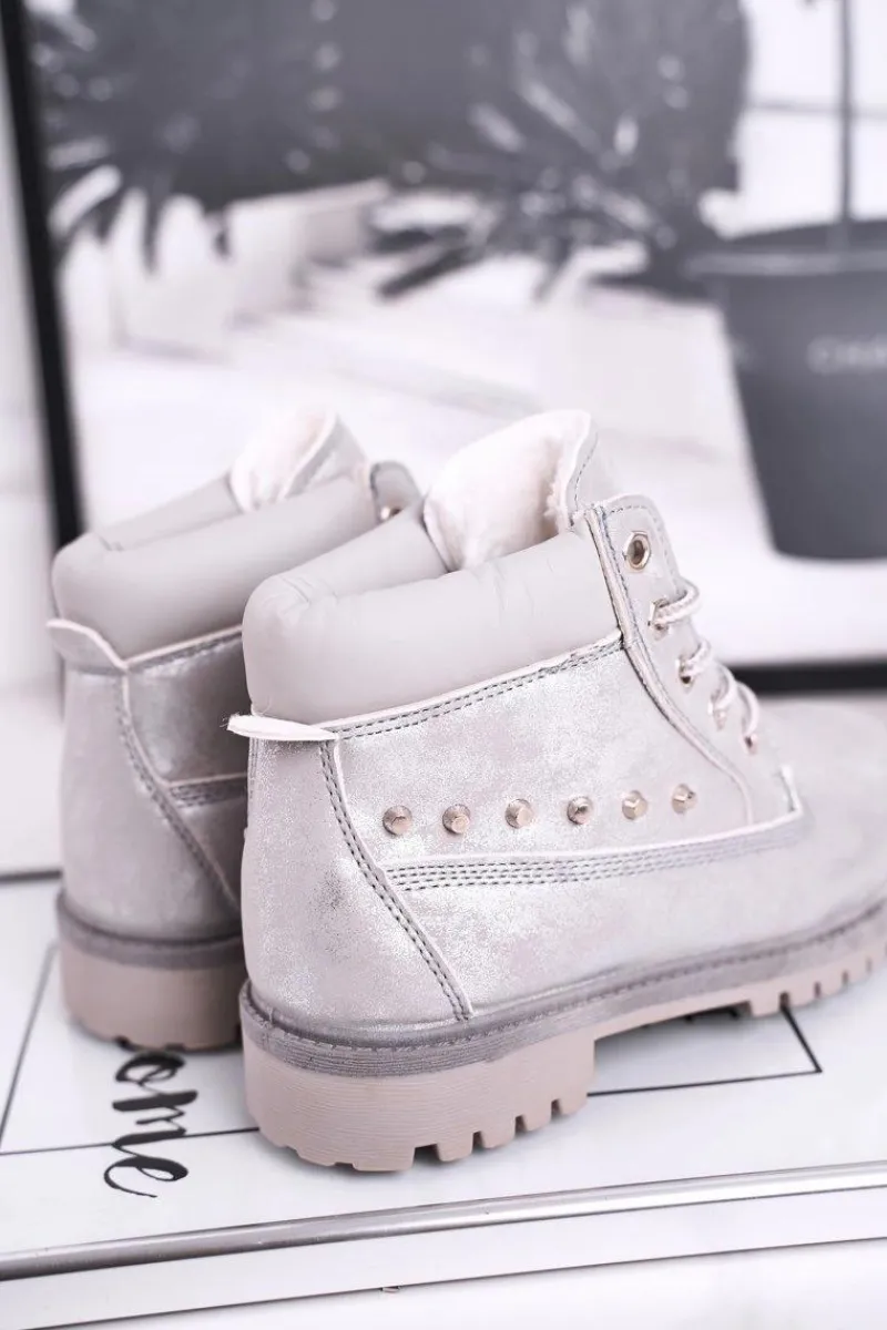 Dziewczęce>Boto Dziecięce Ocieplane Botki z Ćwiekami Srebrne Gonzo