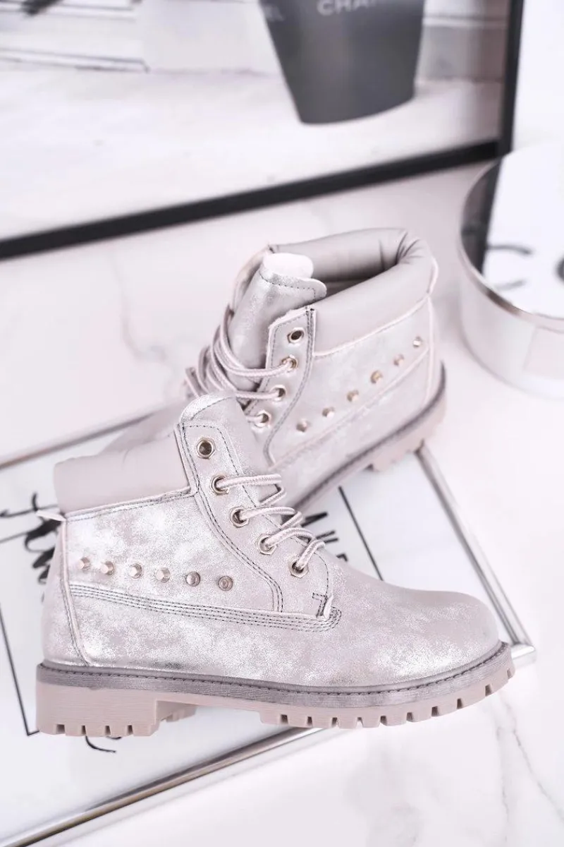 Dziewczęce>Boto Dziecięce Ocieplane Botki z Ćwiekami Srebrne Gonzo