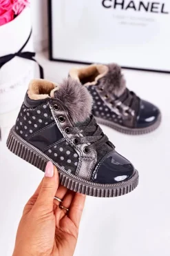 Dziewczęce|Dziewczęce>Boto Dziecięce Ocieplane Botki Trampki W Groszki Szare Anastasia