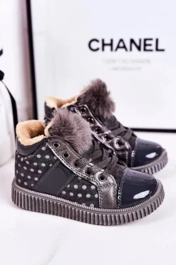 Dziewczęce|Dziewczęce>Boto Dziecięce Ocieplane Botki Trampki W Groszki Szare Anastasia