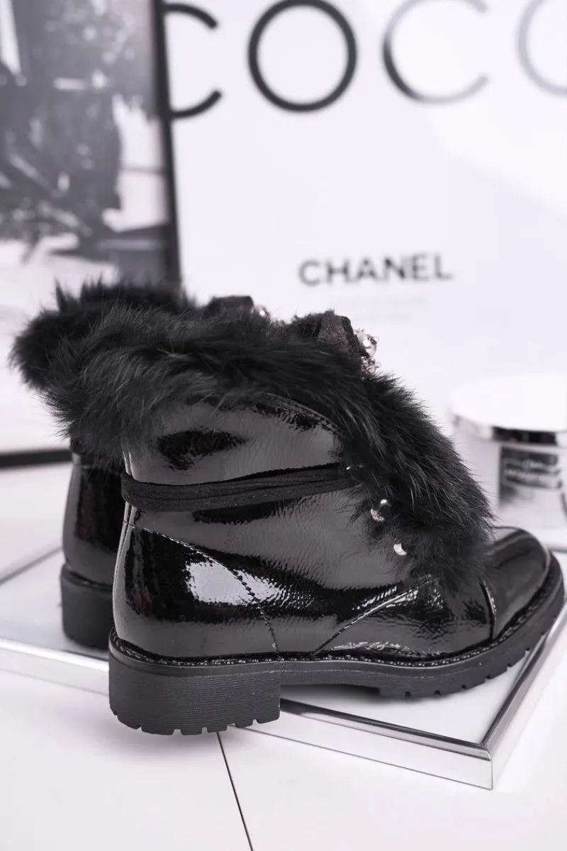 Dziewczęce>Boto Dziecięce Ocieplane Botki Z Futerkiem Lakierowane Czarne Ella