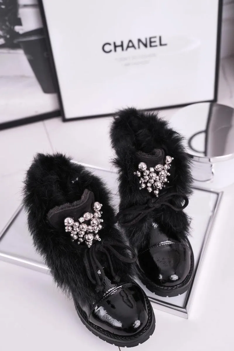 Dziewczęce>Boto Dziecięce Ocieplane Botki Z Futerkiem Lakierowane Czarne Ella