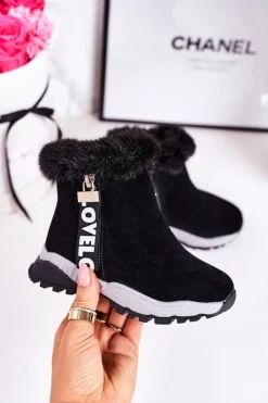 Best Dziecięce Ocieplane Botki Śniegowce Z Futerkiem Czarne Love-Love Dzieci Dziewczęce|Dziewczęce