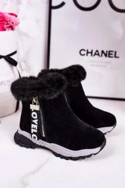 Best Dziecięce Ocieplane Botki Śniegowce Z Futerkiem Czarne Love-Love Dzieci Dziewczęce|Dziewczęce