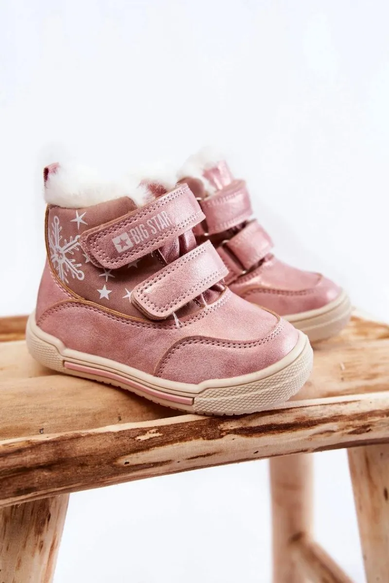 Outlet Dziecięce Ocieplane Botki Na Rzepy Big Star KK374188 Różowe Dzieci Dziewczęce