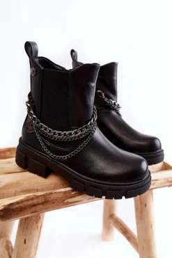 Clearance Dziecięce Ocieplane Botki Skórzane Czarne Lise Dzieci Dziewczęce