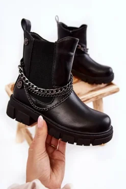 Clearance Dziecięce Ocieplane Botki Skórzane Czarne Lise Dzieci Dziewczęce