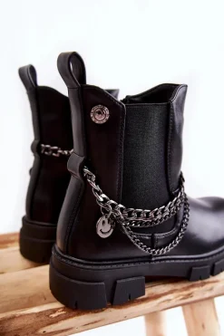 Clearance Dziecięce Ocieplane Botki Skórzane Czarne Lise Dzieci Dziewczęce