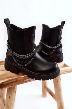 Clearance Dziecięce Ocieplane Botki Skórzane Czarne Lise Dzieci Dziewczęce