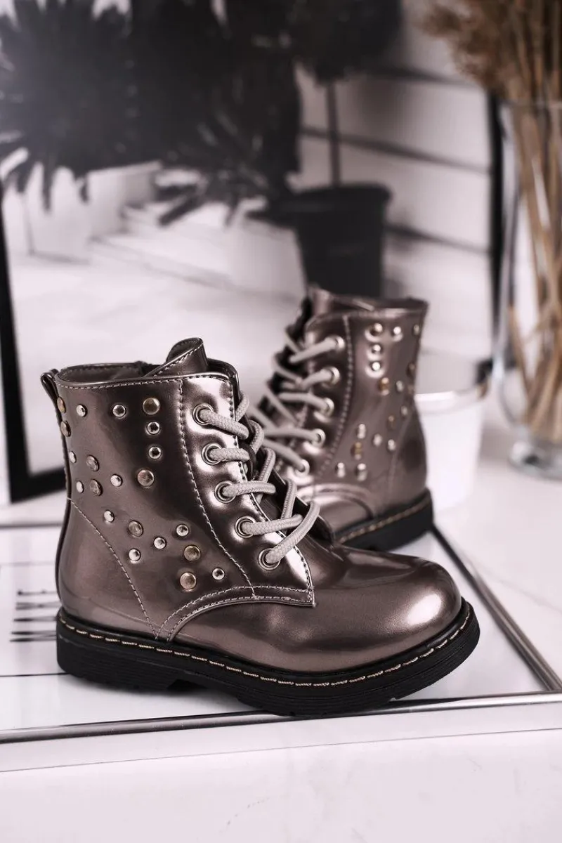 Dziewczęce>Boto Dziecięce Ocieplane Botki z Dżetami Lakierowane Szare Fame