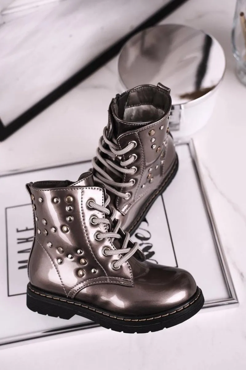 Dziewczęce>Boto Dziecięce Ocieplane Botki z Dżetami Lakierowane Szare Fame