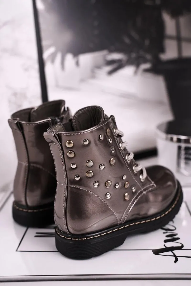 Dziewczęce>Boto Dziecięce Ocieplane Botki z Dżetami Lakierowane Szare Fame