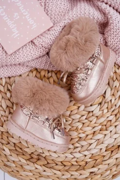 New Dziecięce Ocieplane Botki Śniegowce Z Futerkiem Złote Nicola Dzieci Dziewczęce