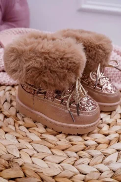 New Dziecięce Ocieplane Botki Śniegowce Z Futerkiem Złote Nicola Dzieci Dziewczęce