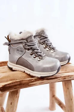 Dziewczęce></noscript>Big Star Shoes Dziecięce Ocieplane Botki Na Suwak Big Star KK374178 Srebrne Srebrny