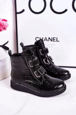 Dziewczęce>Boto Dziecięce Ocieplane Botki Lakierowane Czarne Wzór Zwierzęcy Maya