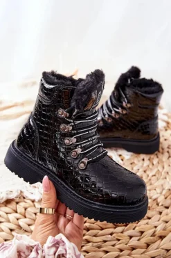 Outlet Dziecięce Ocieplane Futerkiem Botki Czarne Doreen Dzieci Dziewczęce